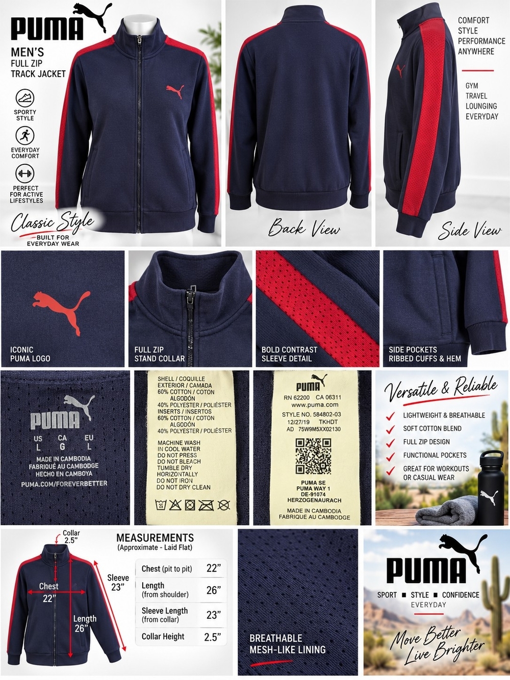 PUMA Mens Navy Blue Full-Zip Track Jacket with Red Contrast large